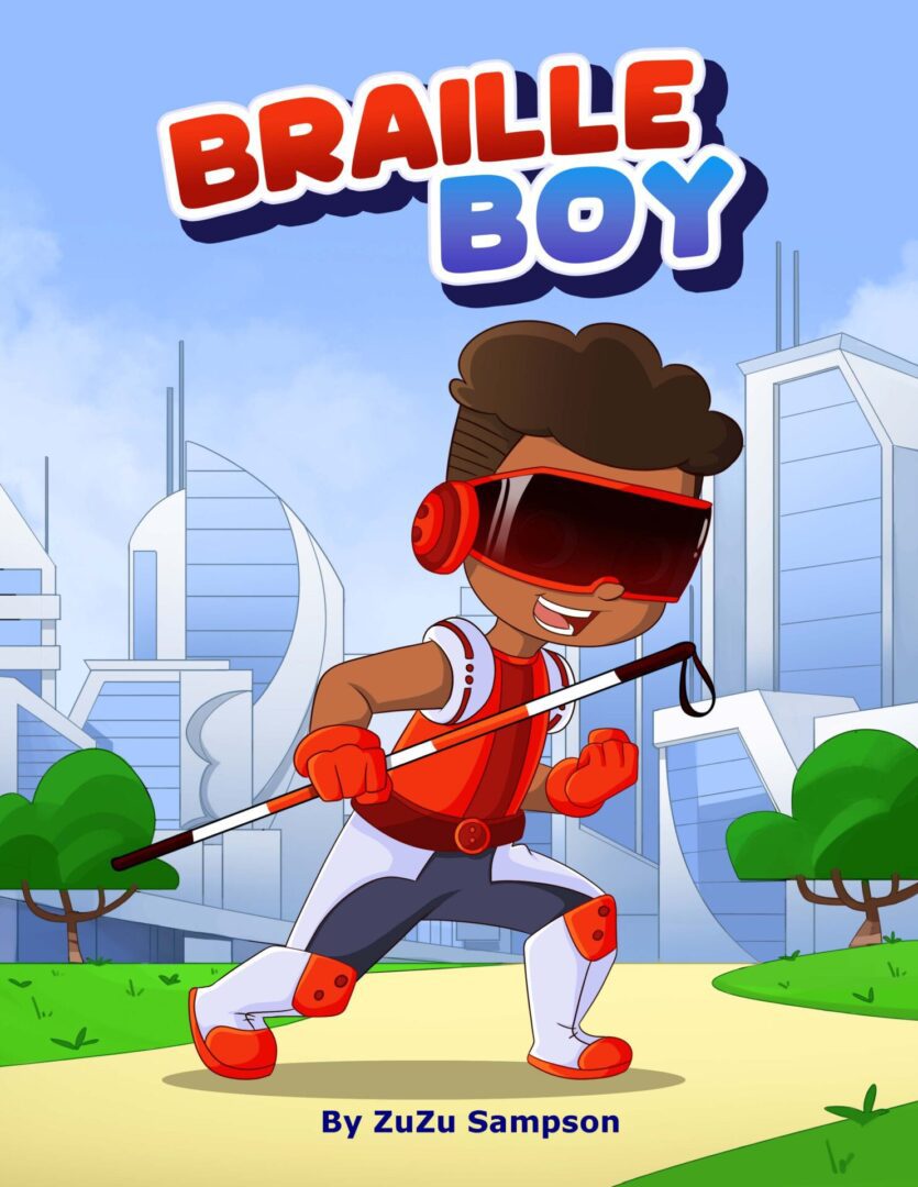 A cartoon of a boy with a helmet on and holding two sticks.